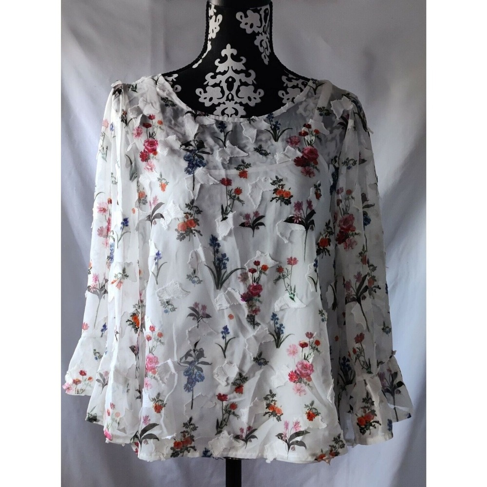 Athena Marie Floral Lace Flutter Sleeve Double‎ Layer Womens White Top Blouse